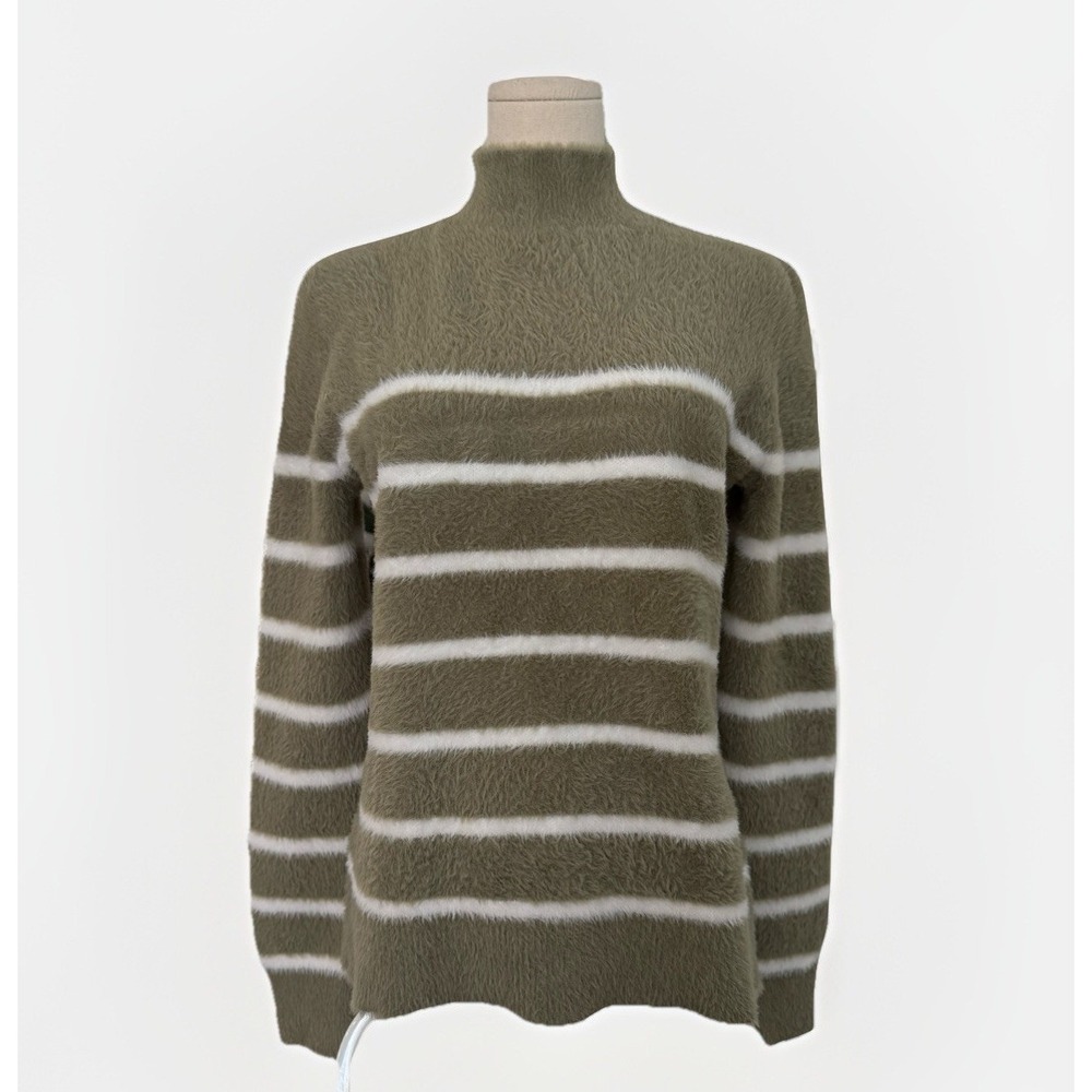 Bailey 44 Fuzzy Eyelash Mock Neck Sweater Womens S Green Striped Cozycore Soft